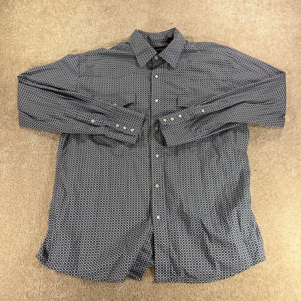 Roper Western Snap Shirt Mens Large Blue Geometric Medallion Cotton Cowboys